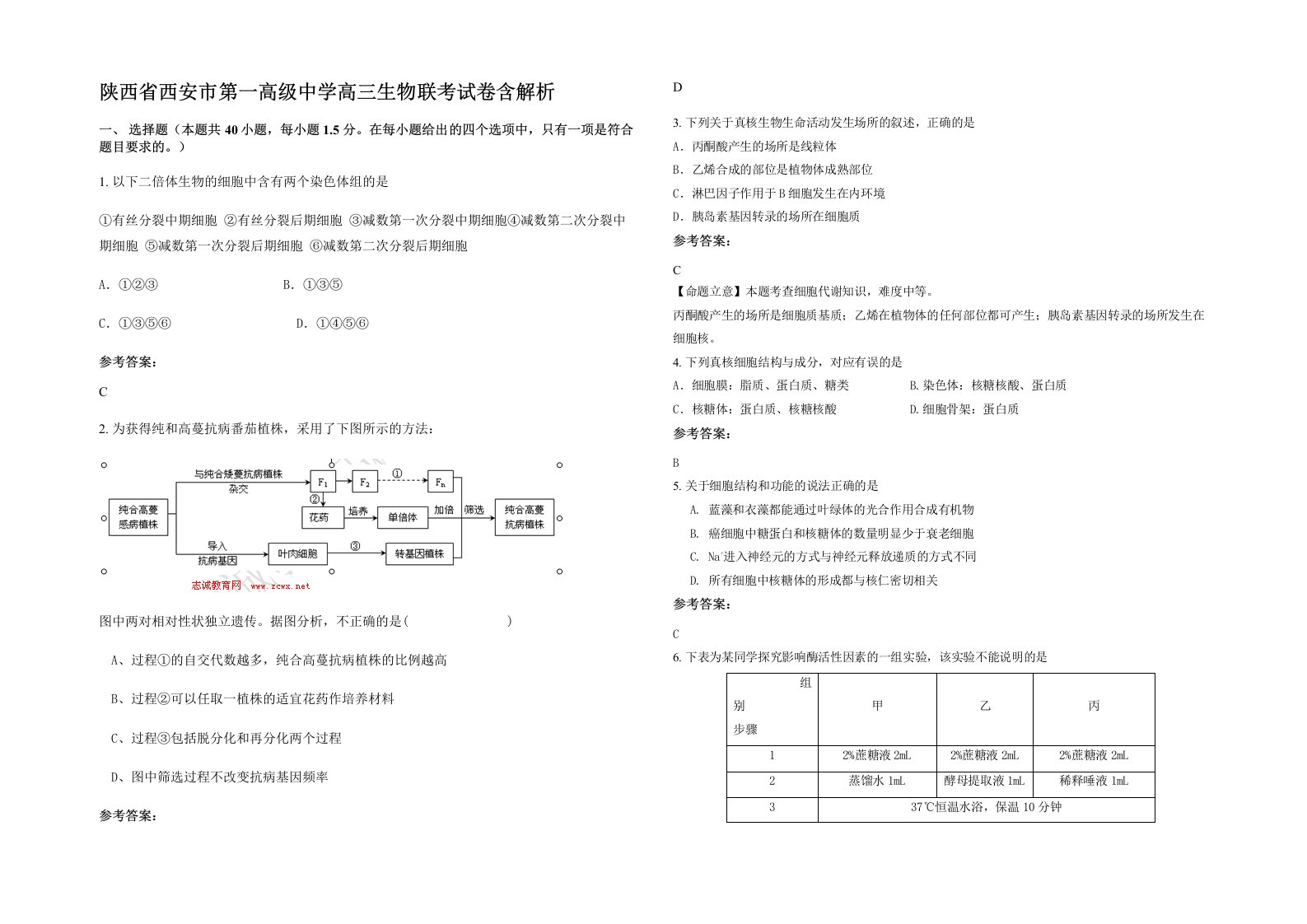 陕西省西安市第一高级中学高三生物联考试卷含解析