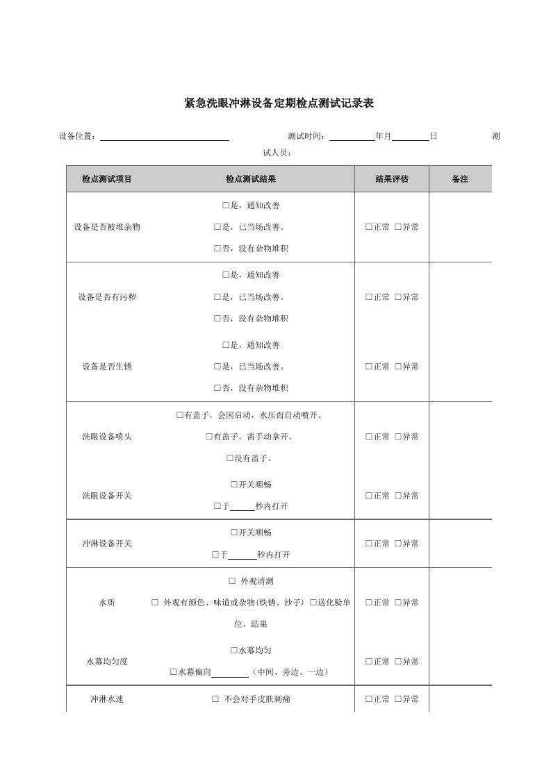 紧急洗眼冲淋设备定期检点测试记录表