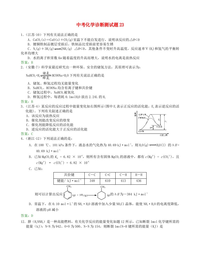 中考化学诊断测试题23