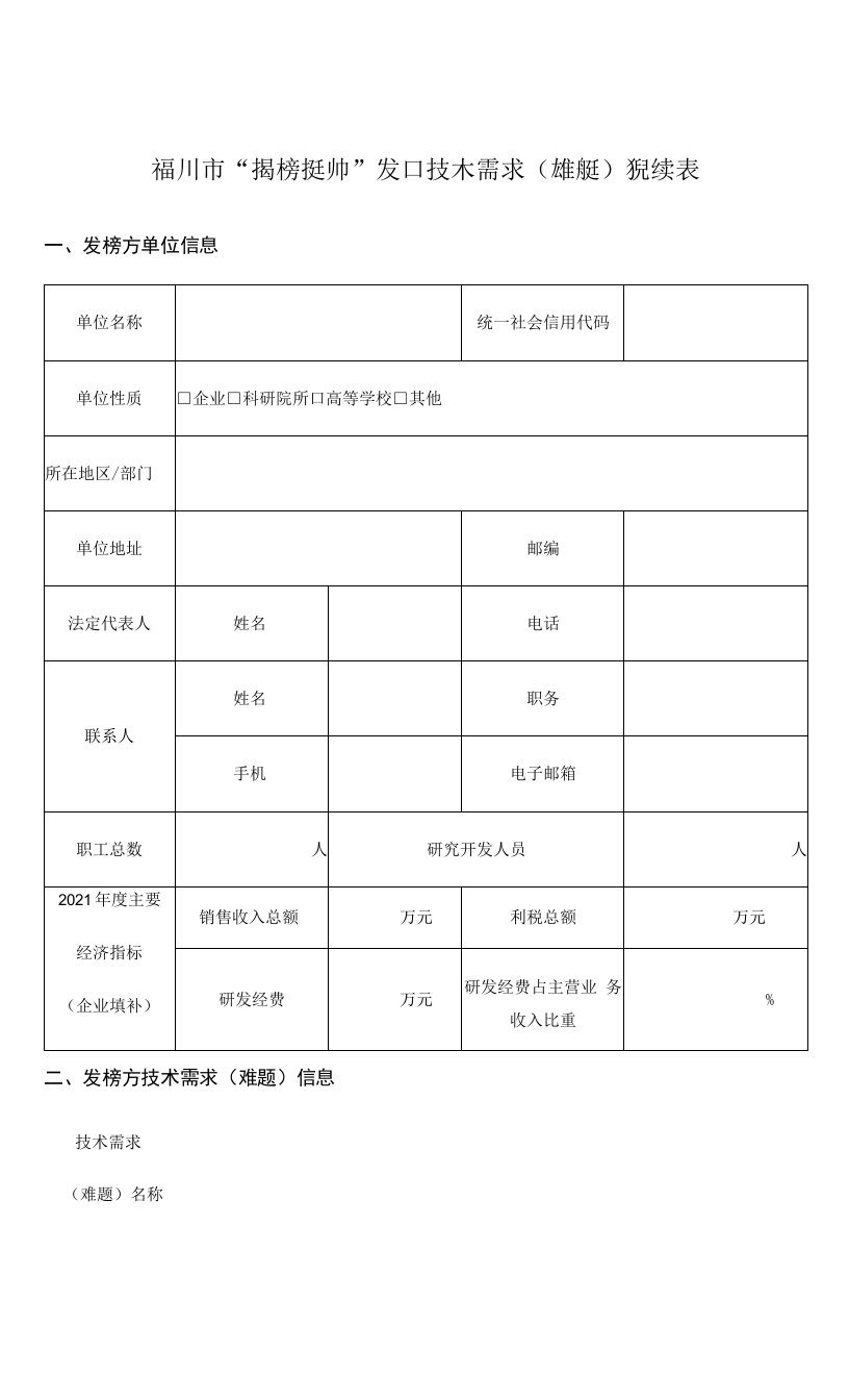 银川市“揭榜挂帅”项目技术需求难题征集表发榜方单位信息