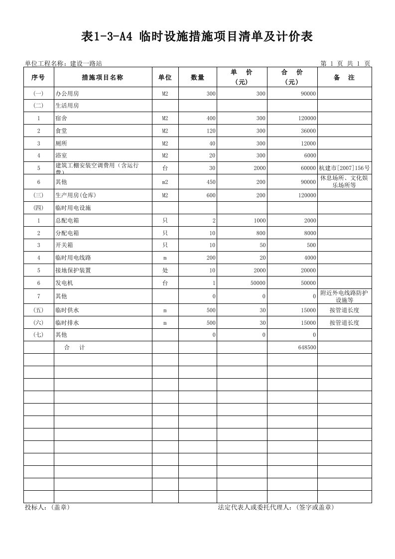 1-3-A4临时设施措施项目清单及计价表