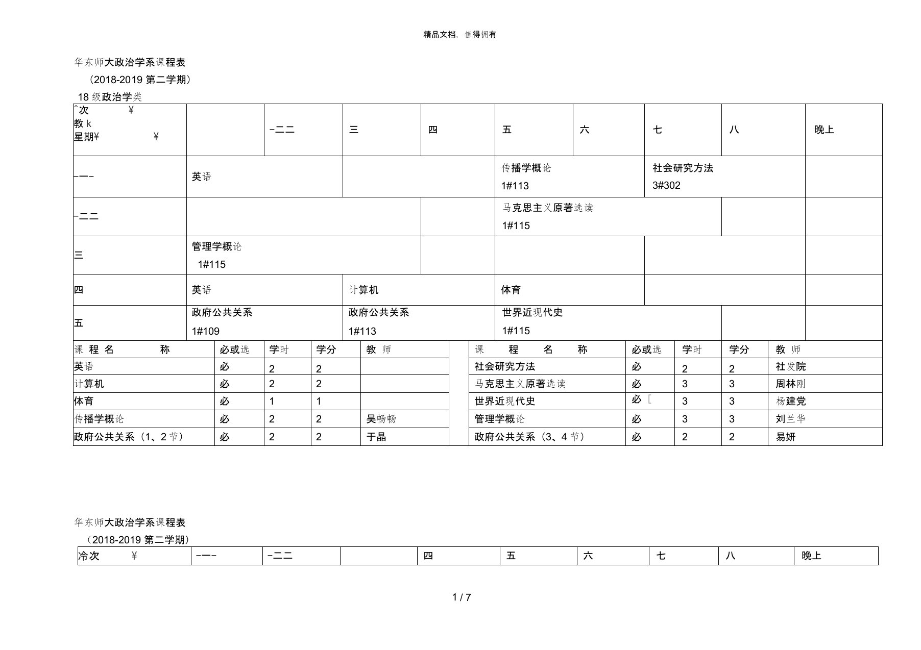 华东师大政治学系课程表