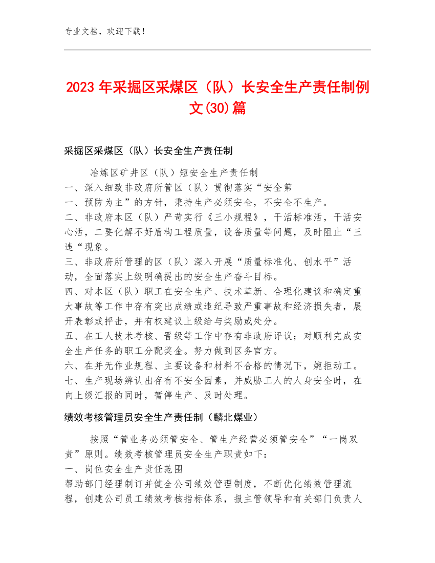 2023年采掘区采煤区（队）长安全生产责任制例文(30)篇