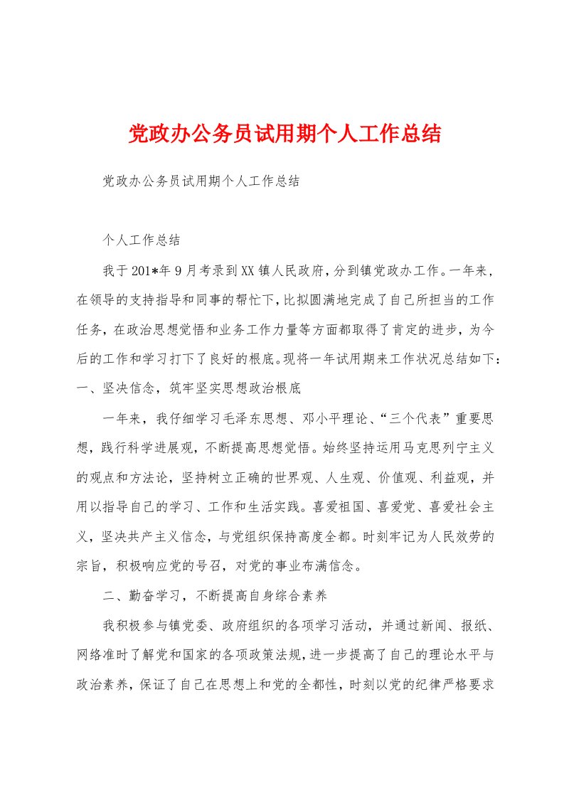 党政办公务员试用期个人工作总结