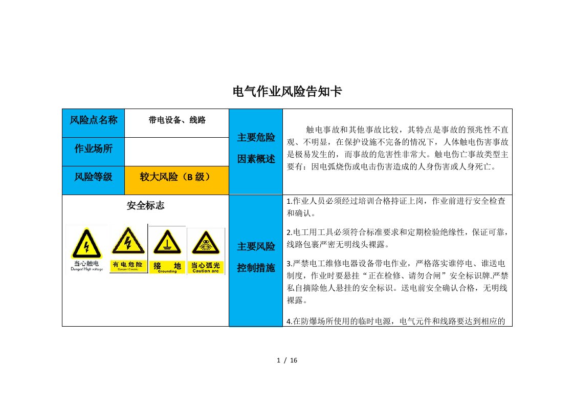 企业常见岗位安全风险告知卡（参考）参考模板范本