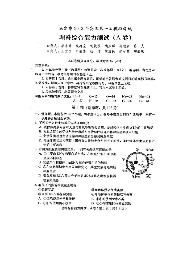 河北省保定2013届高三一模理综