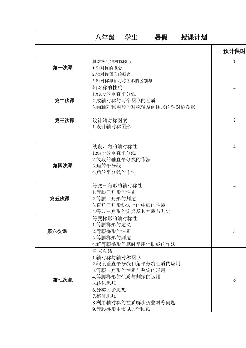 苏教版数学八年级上教学计划