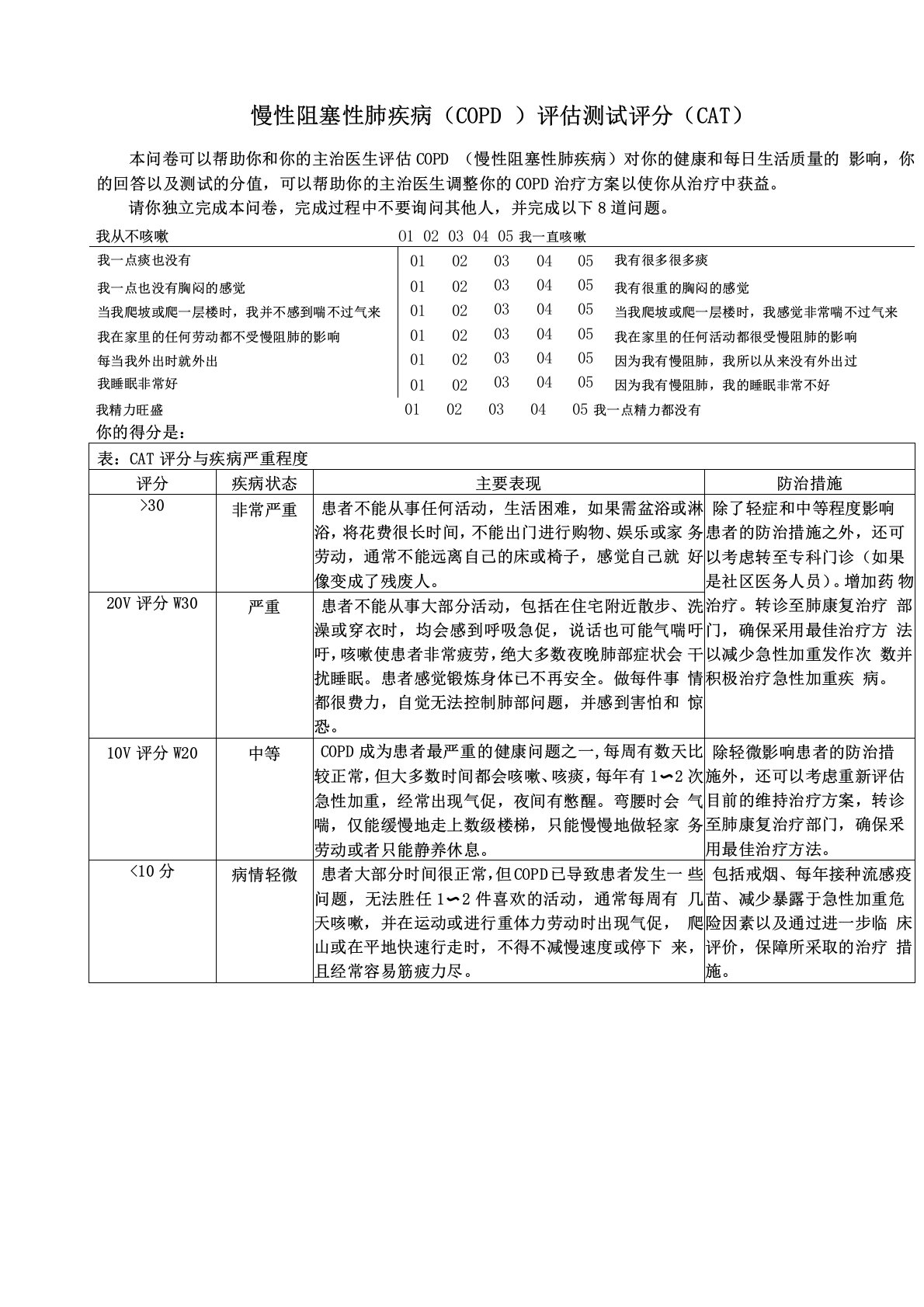 慢性阻塞性肺疾病评分CAT