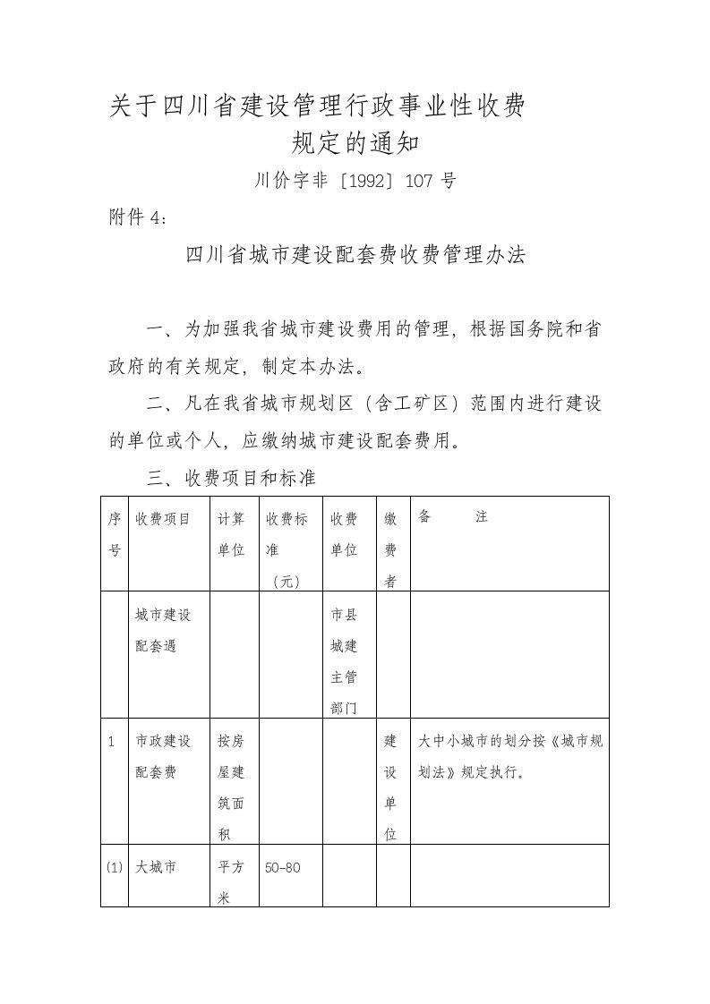 四川省城市建设配套费收费管理办法