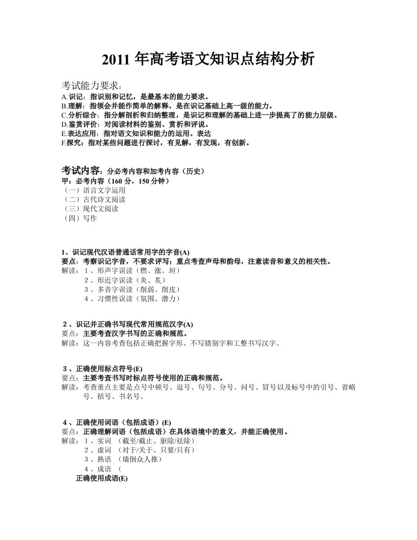 2011年高考语文知识点结构分析