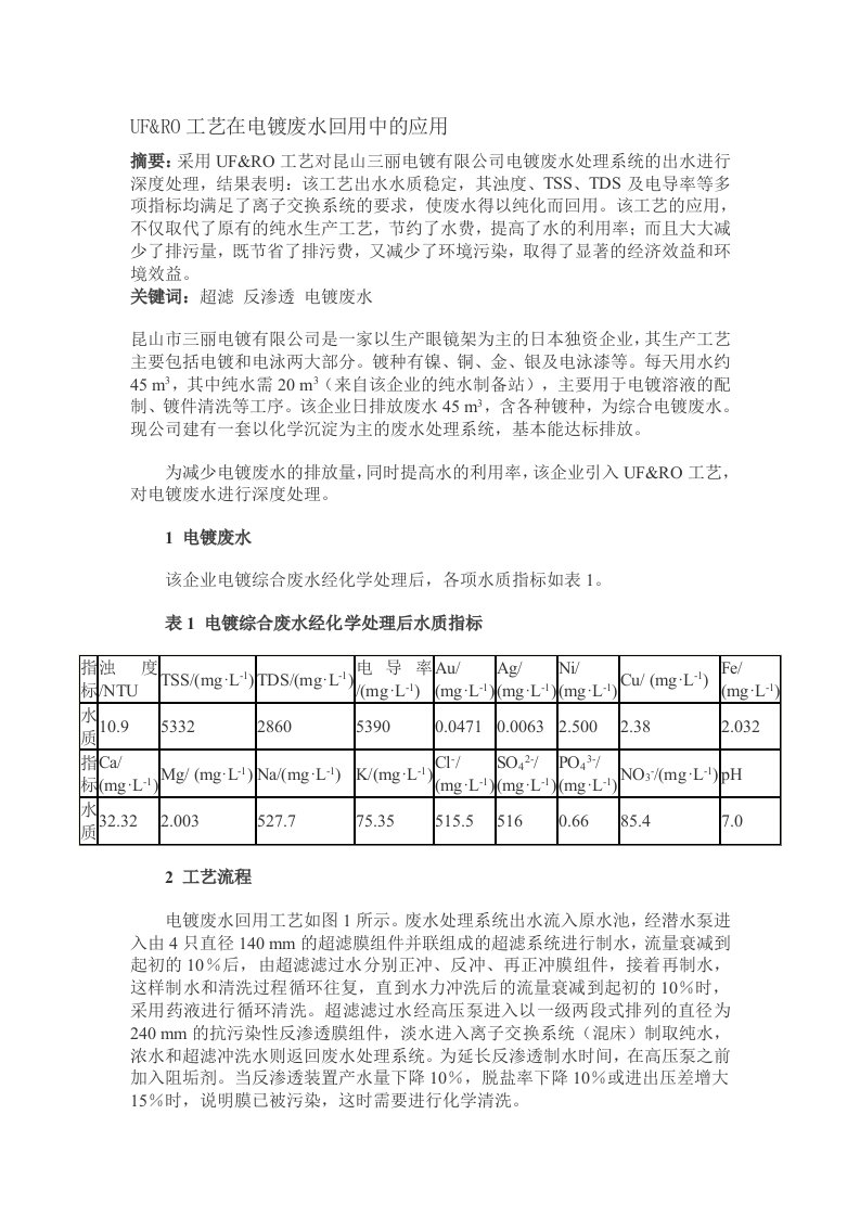 uf和ro工艺在电镀废水回用中的应用