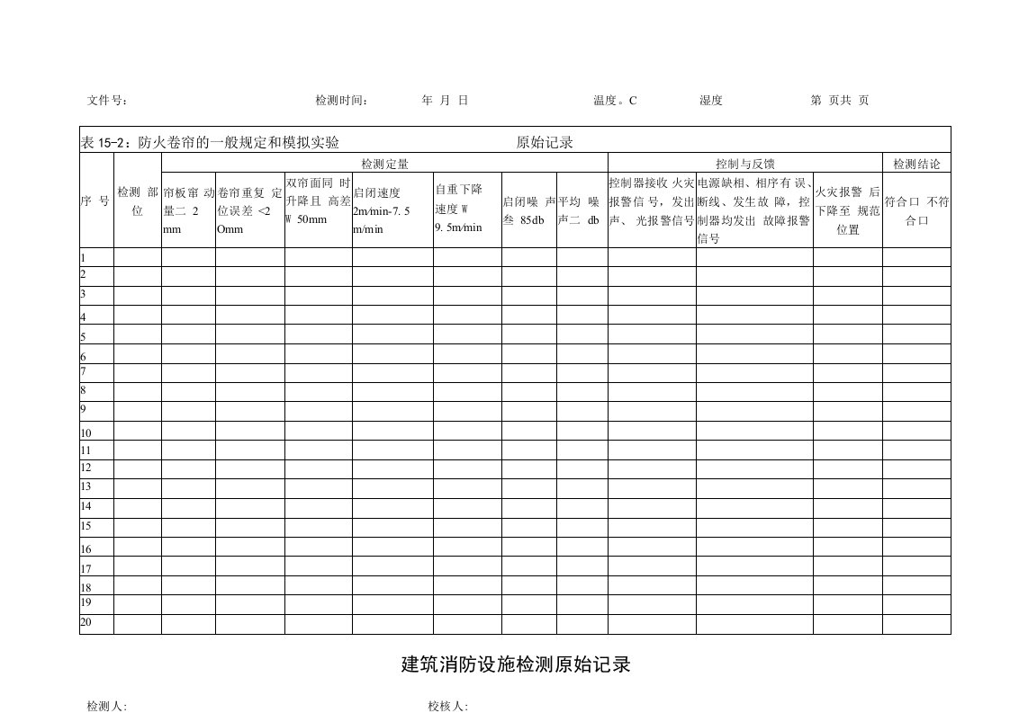 防火卷帘一般规定和模拟实验（建筑消防设施检测原始记录）