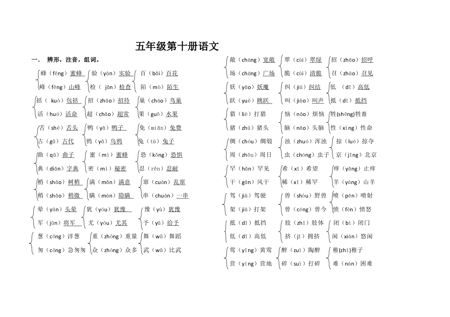 五年级十册复习提纲