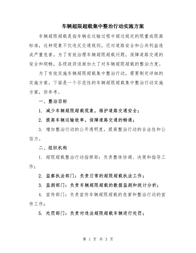 车辆超限超载集中整治行动实施方案