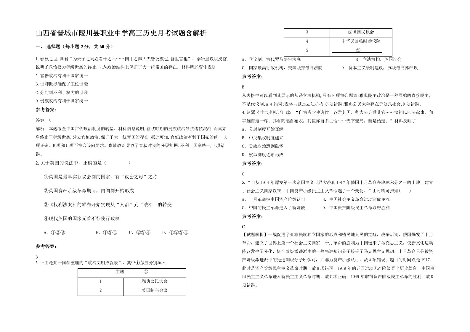 山西省晋城市陵川县职业中学高三历史月考试题含解析