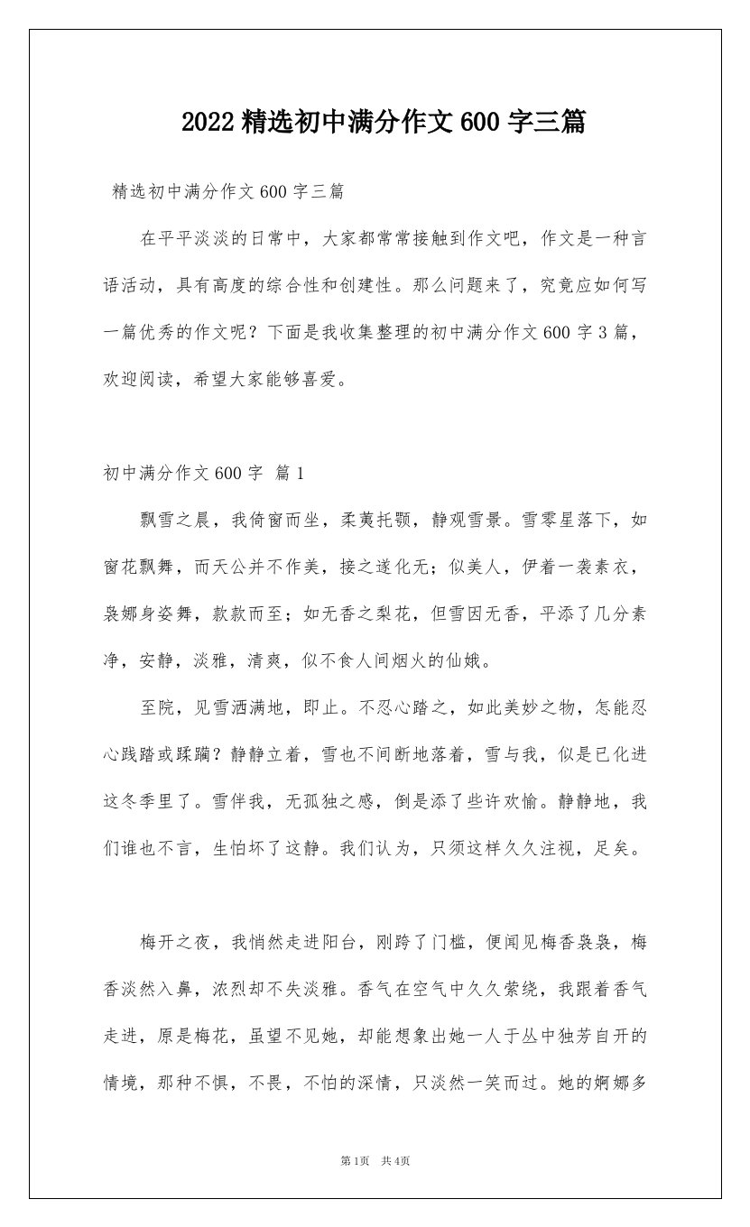 2022精选初中满分作文600字三篇