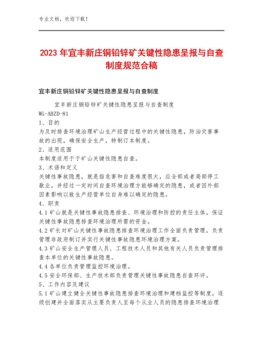 2023年宜丰新庄铜铅锌矿关键性隐患呈报与自查制度规范合稿