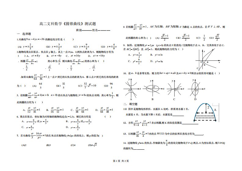 高二文科数学《圆锥曲线》测试题