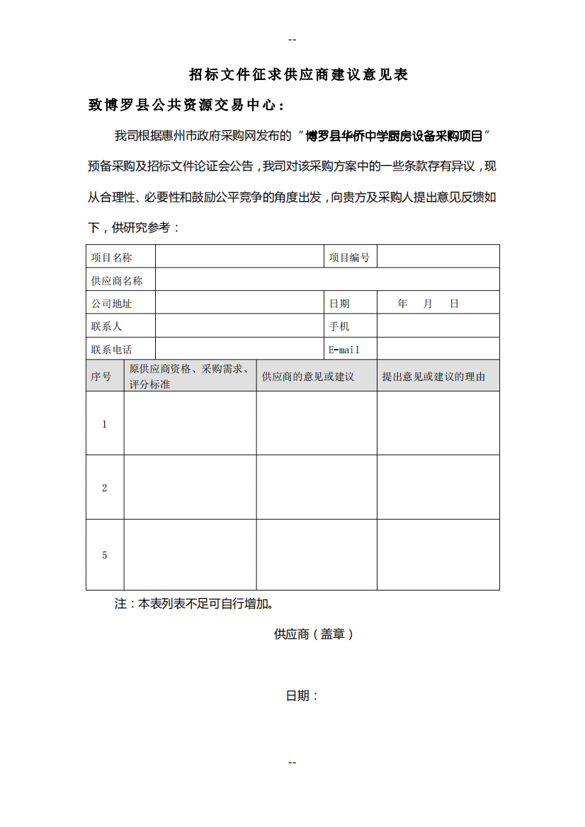 招标文件征求供应商建议意见表