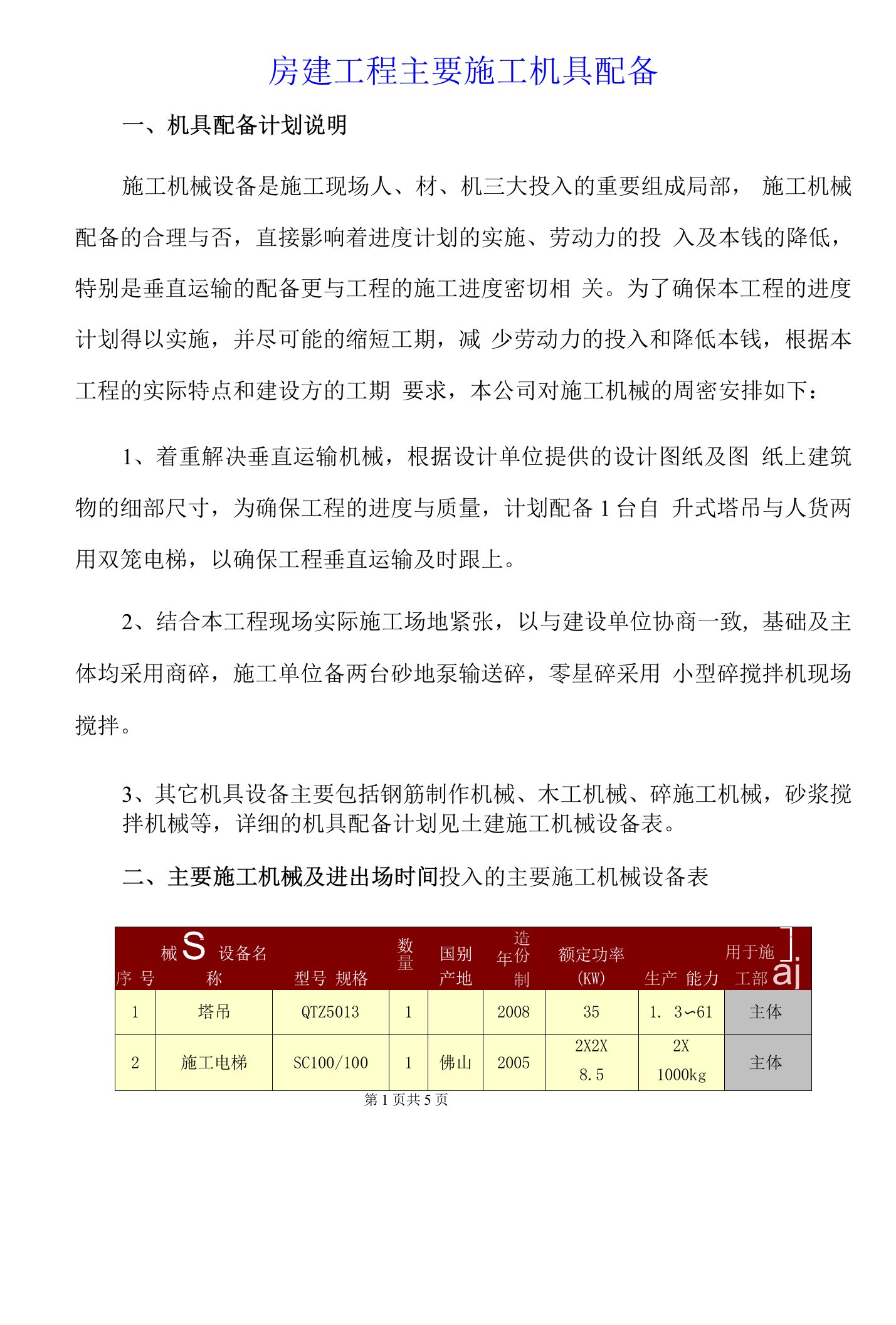 房建工程主要施工机具配备