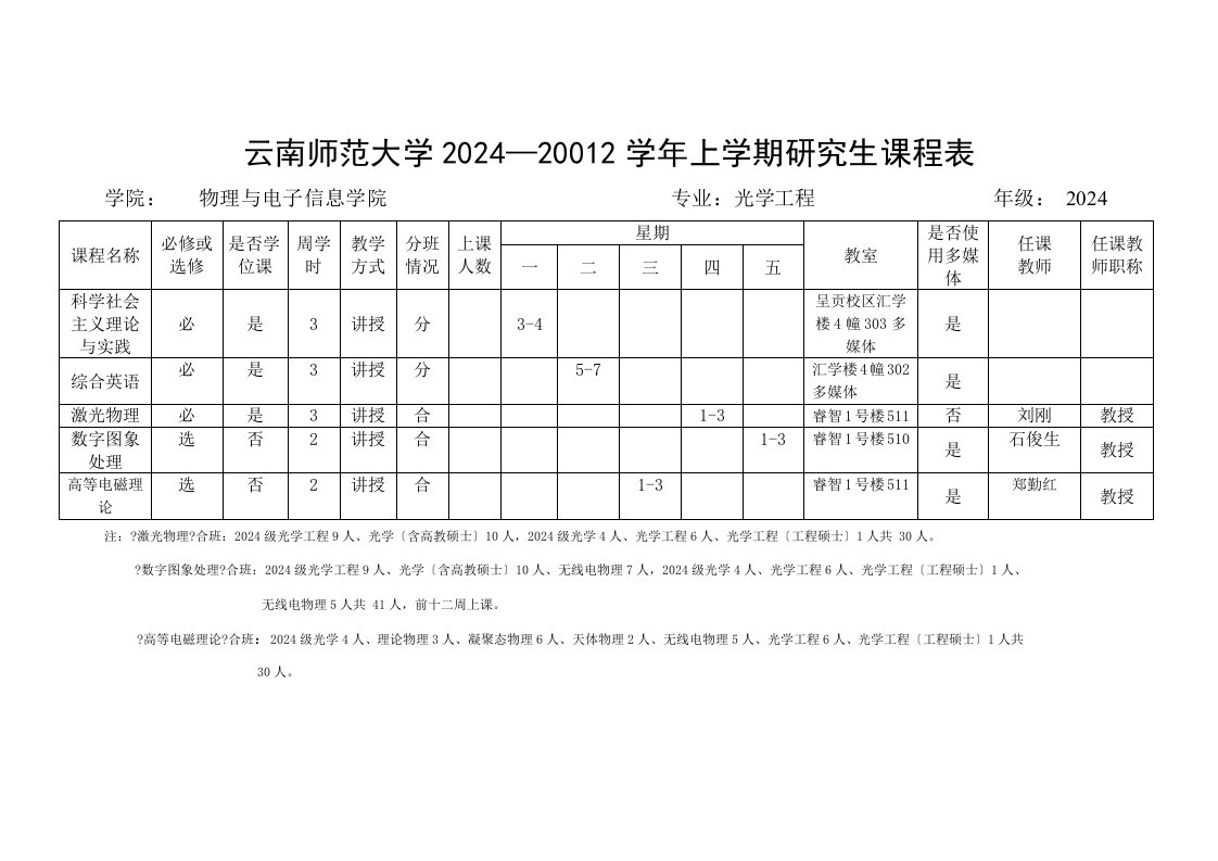 云南师范大学2024—20242学年上学期研究生课程表