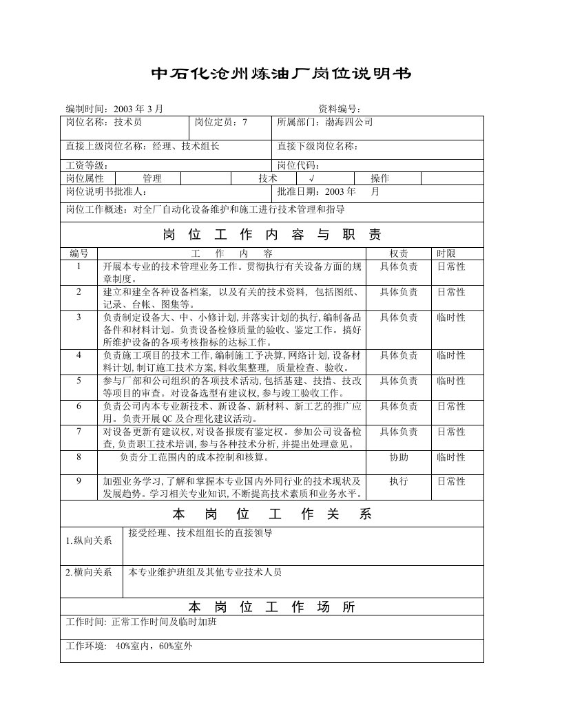 炼油厂技术员岗位说明