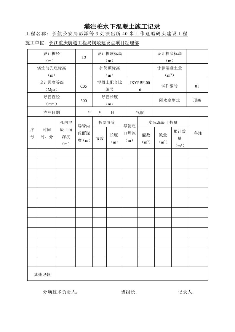 灌注桩水下溷凝土施工记录