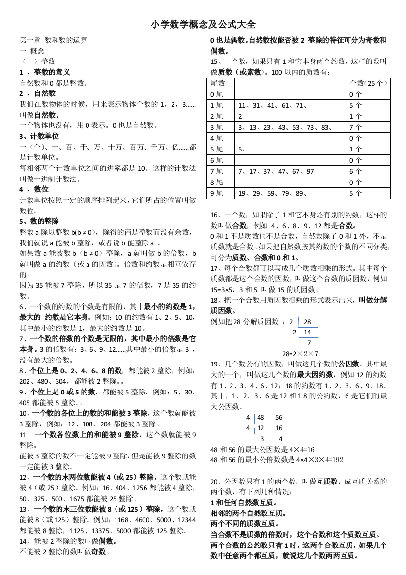 （中小学资料）小学数学概念及公式大全