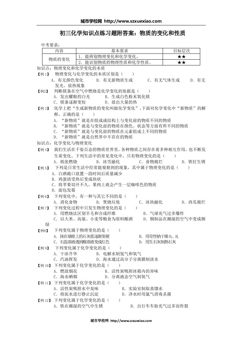 初三化学知识点练习题附答案：物质的变化和性质