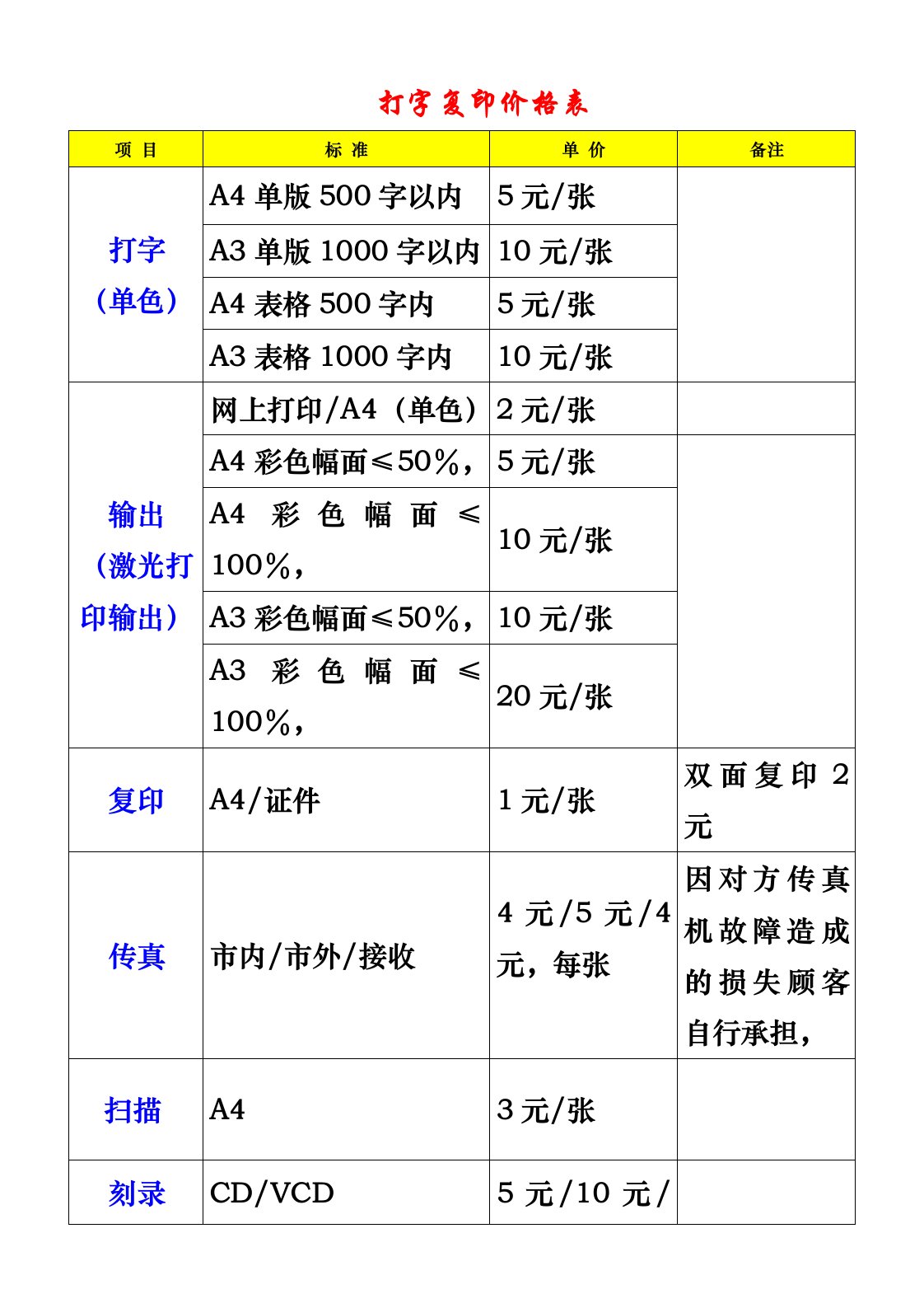 打字复印收费标准