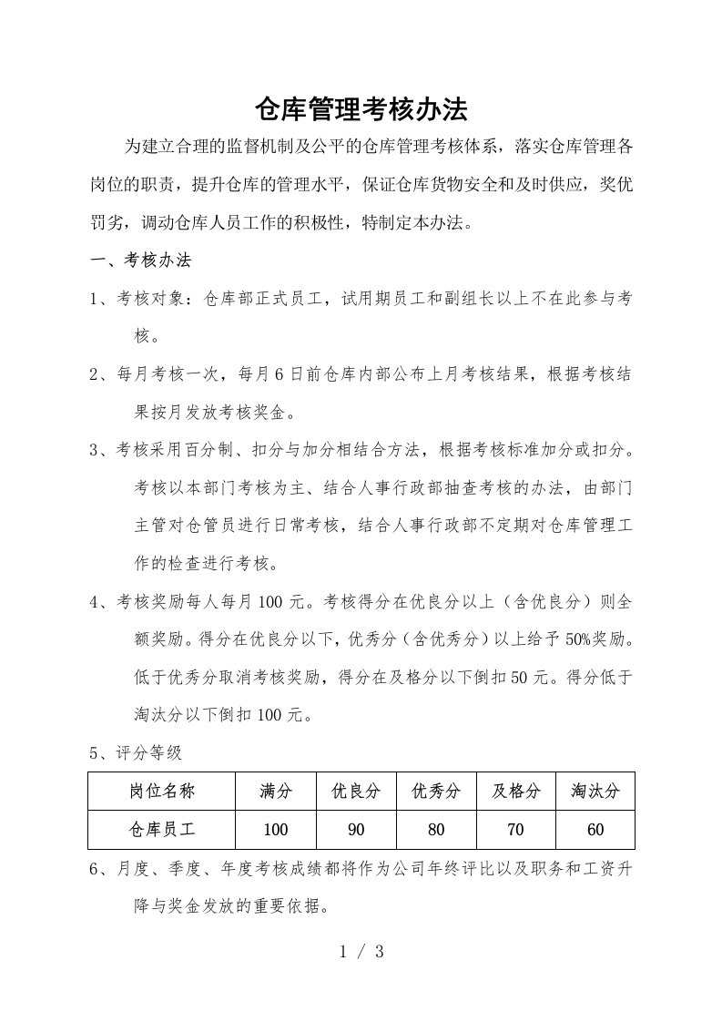 仓库管理考核办法，仓库考核评分标准表，仓库考核规定