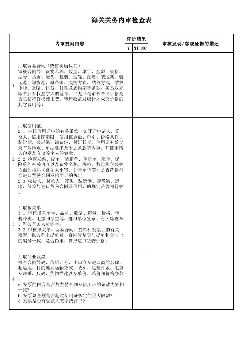 关务内审检查表2018