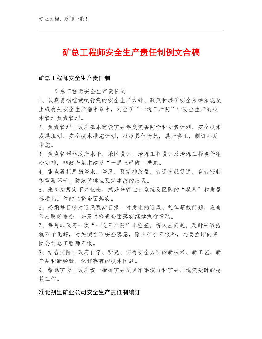 矿总工程师安全生产责任制例文合稿