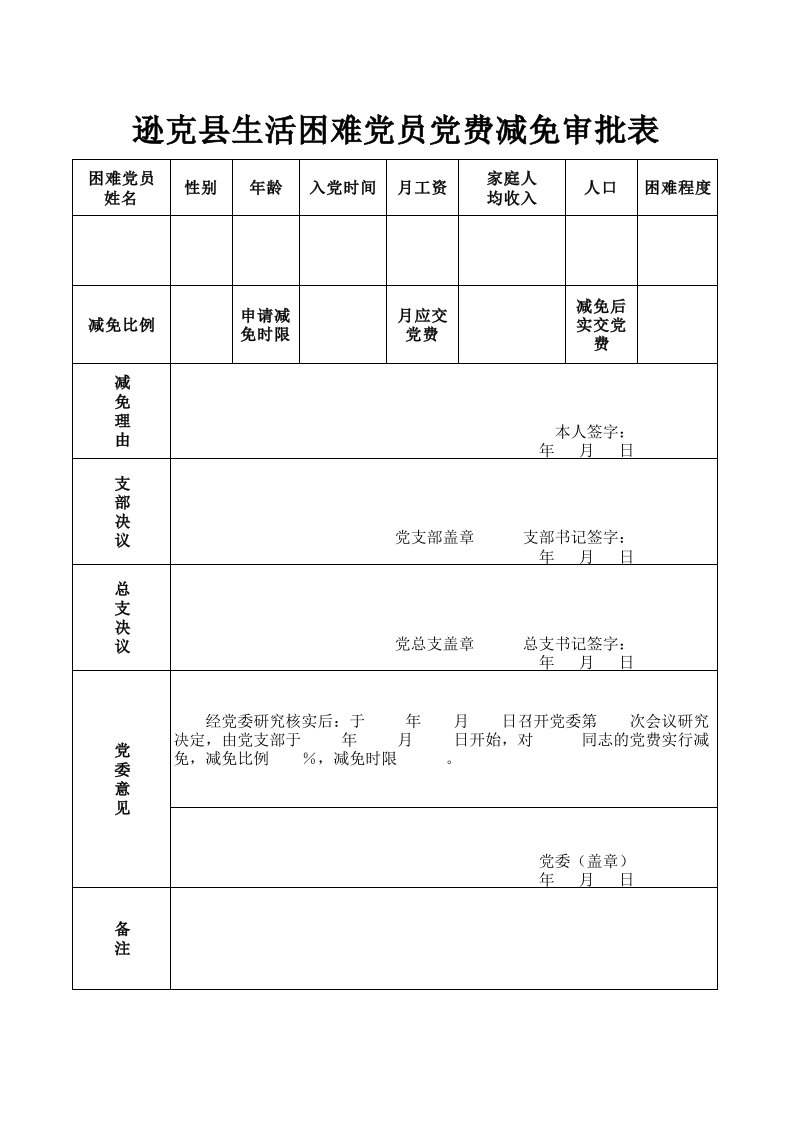 生活困难党员党费减免审批表