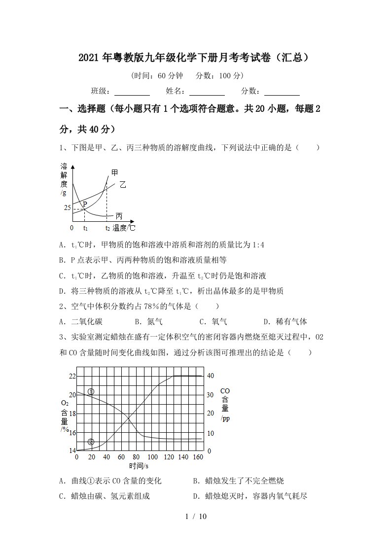 2021年粤教版九年级化学下册月考考试卷汇总