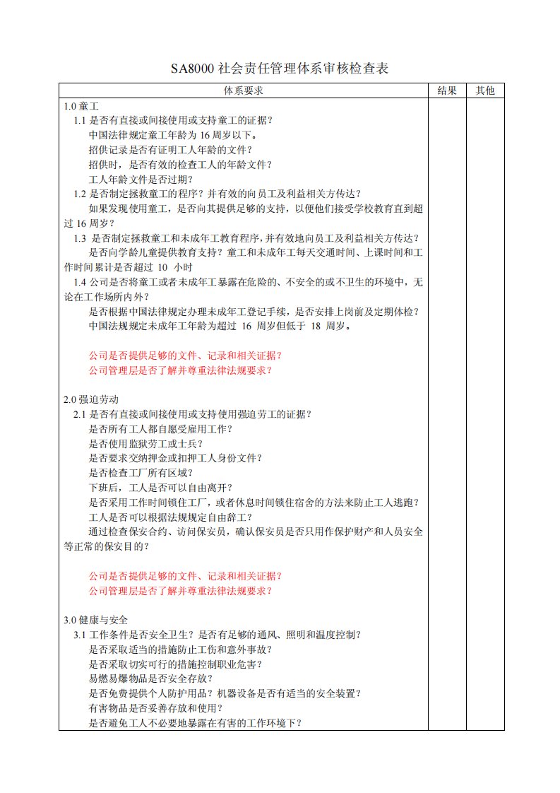 SA8000社会责任管理体系审核检查表