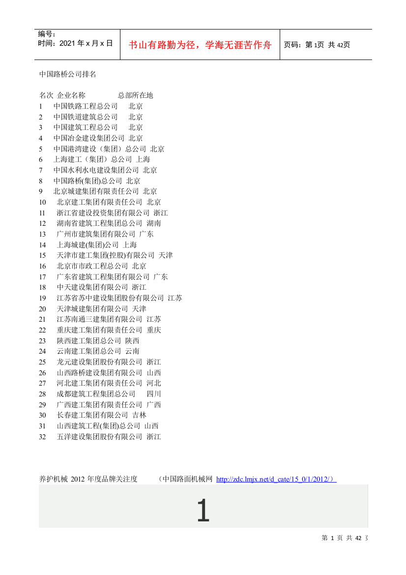 中国路桥公司及养护机械排名