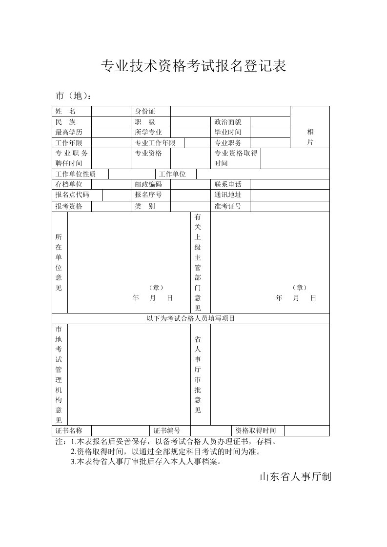 专业技术资格考试报名登记表