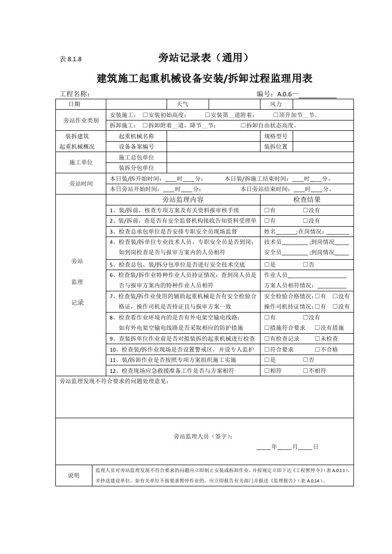 施工起重机械设备安拆旁站记录表