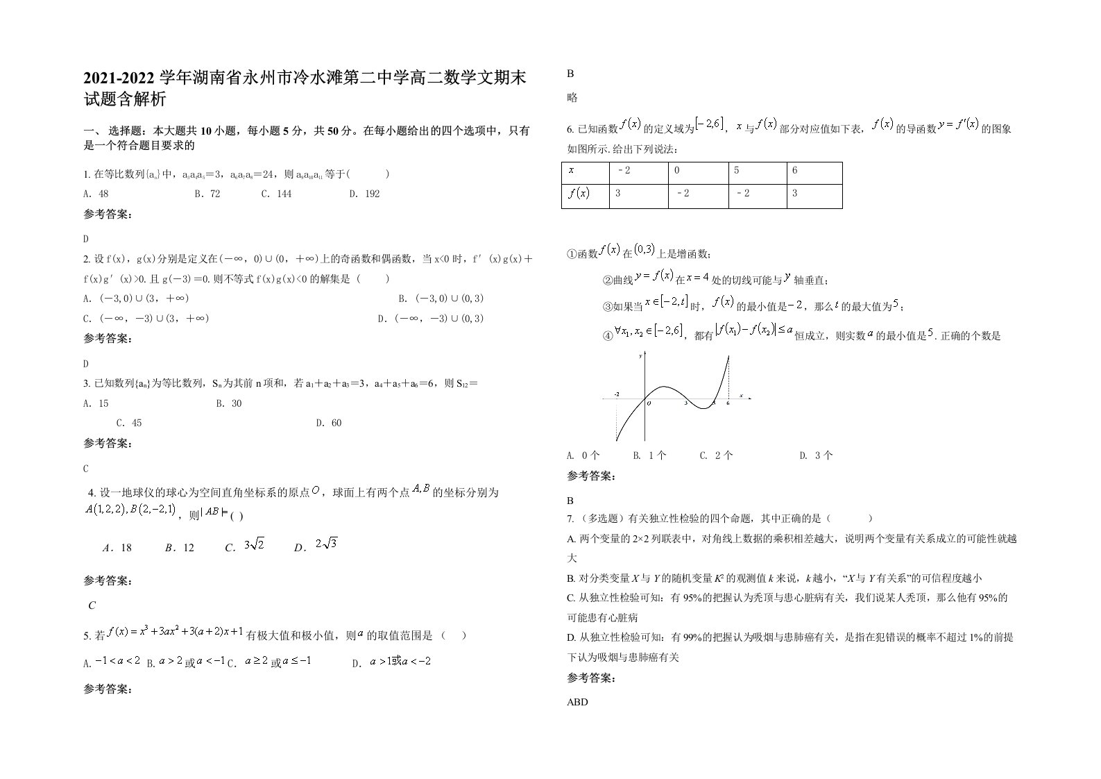 2021-2022学年湖南省永州市冷水滩第二中学高二数学文期末试题含解析