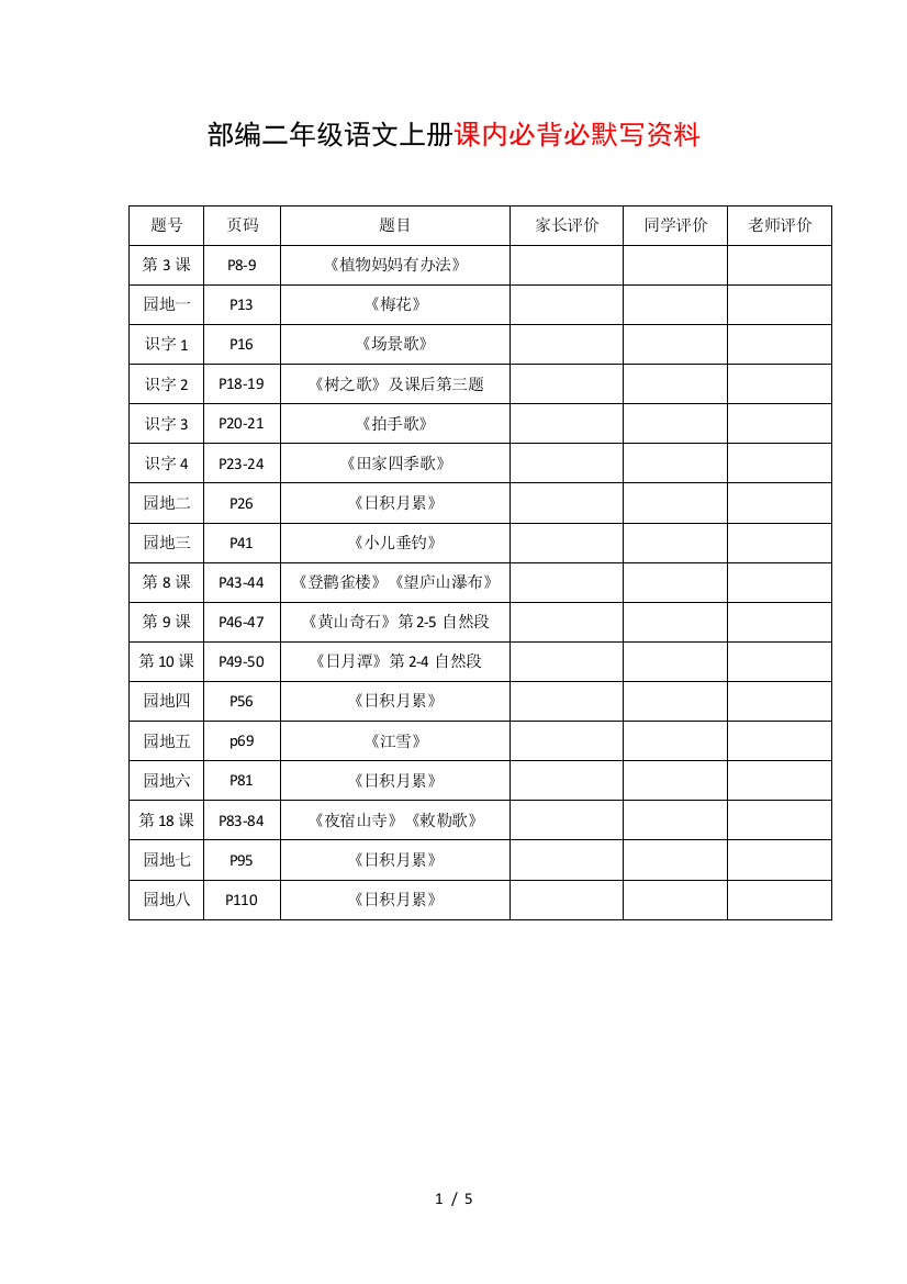 最新部编二年级语文上册课内必背必默写资料