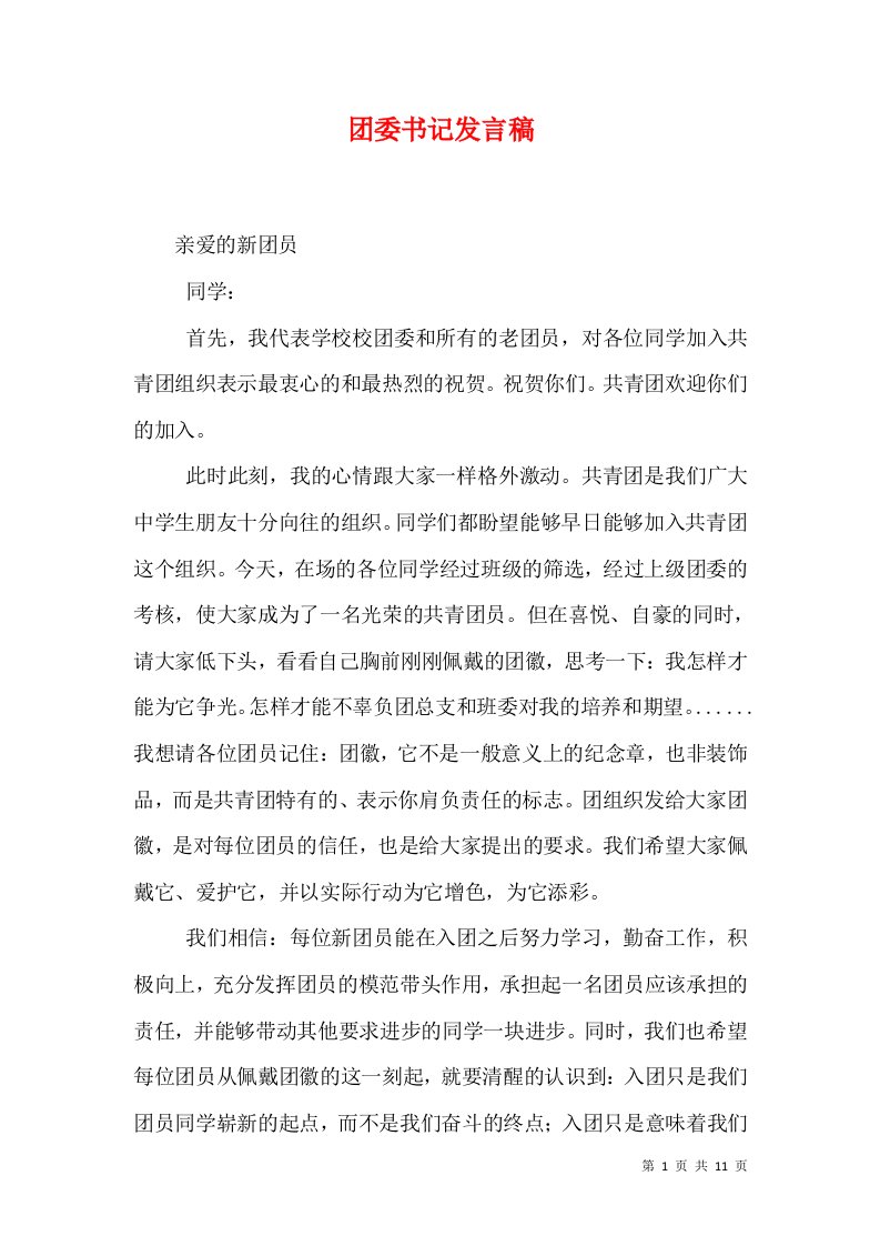 团委书记发言稿（六）