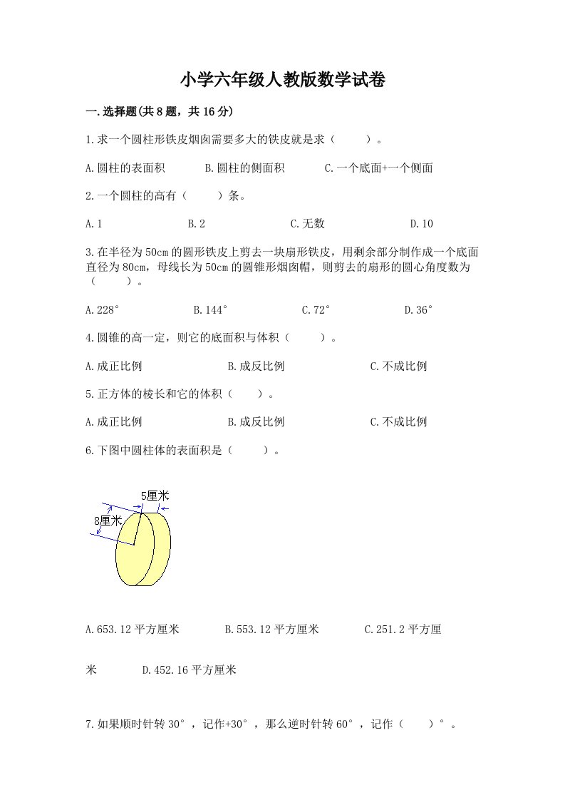 小学六年级人教版数学试卷【能力提升】