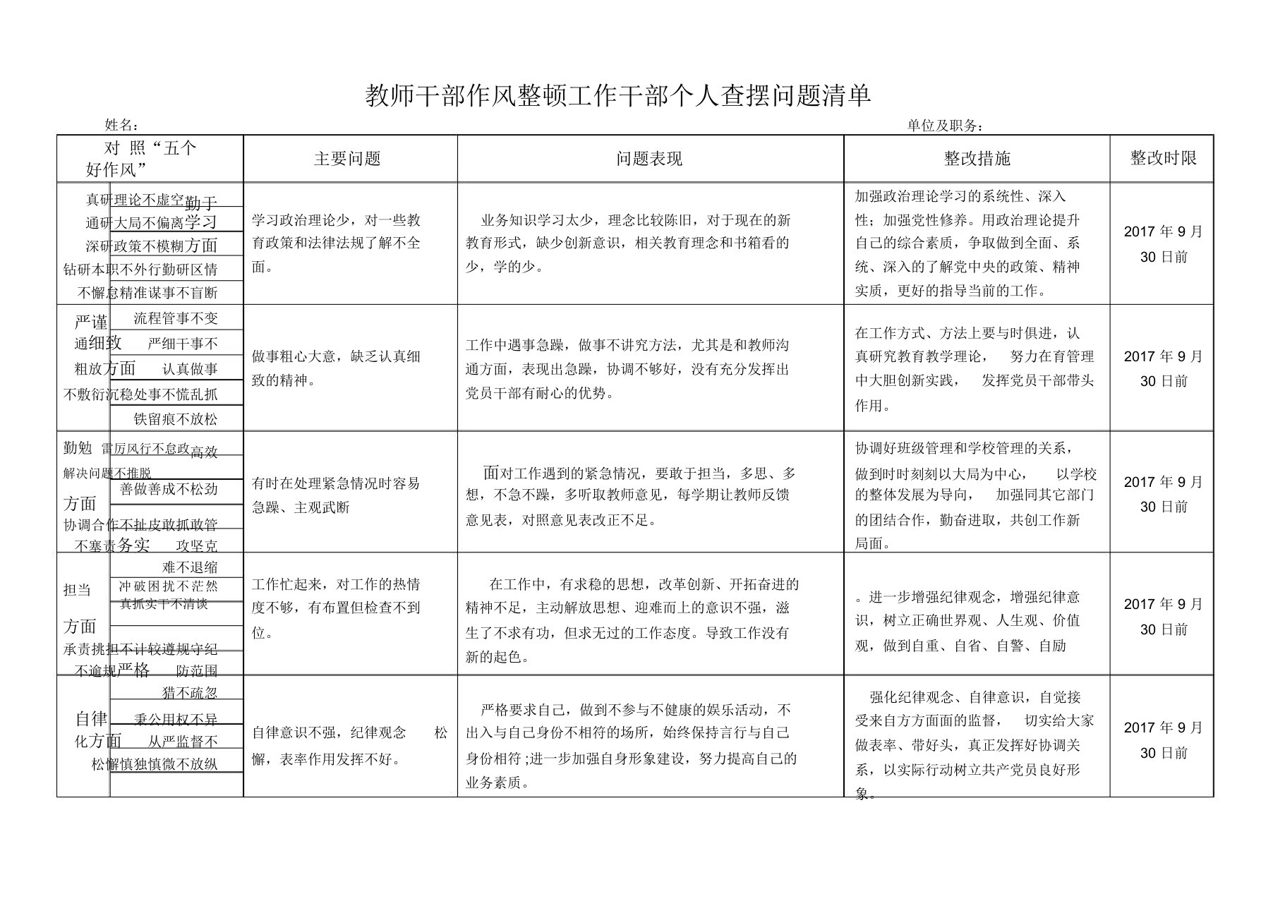 关于教师干部作风整顿工作干部个人查摆问题清单