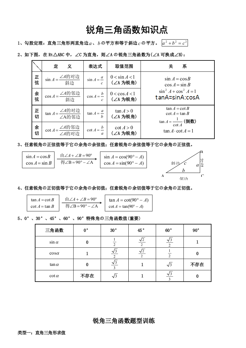 2023年初中三角函数知识点题型总结课后练习