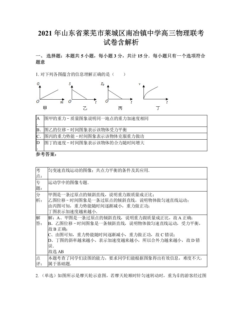 2021年山东省莱芜市莱城区南冶镇中学高三物理联考试卷含解析