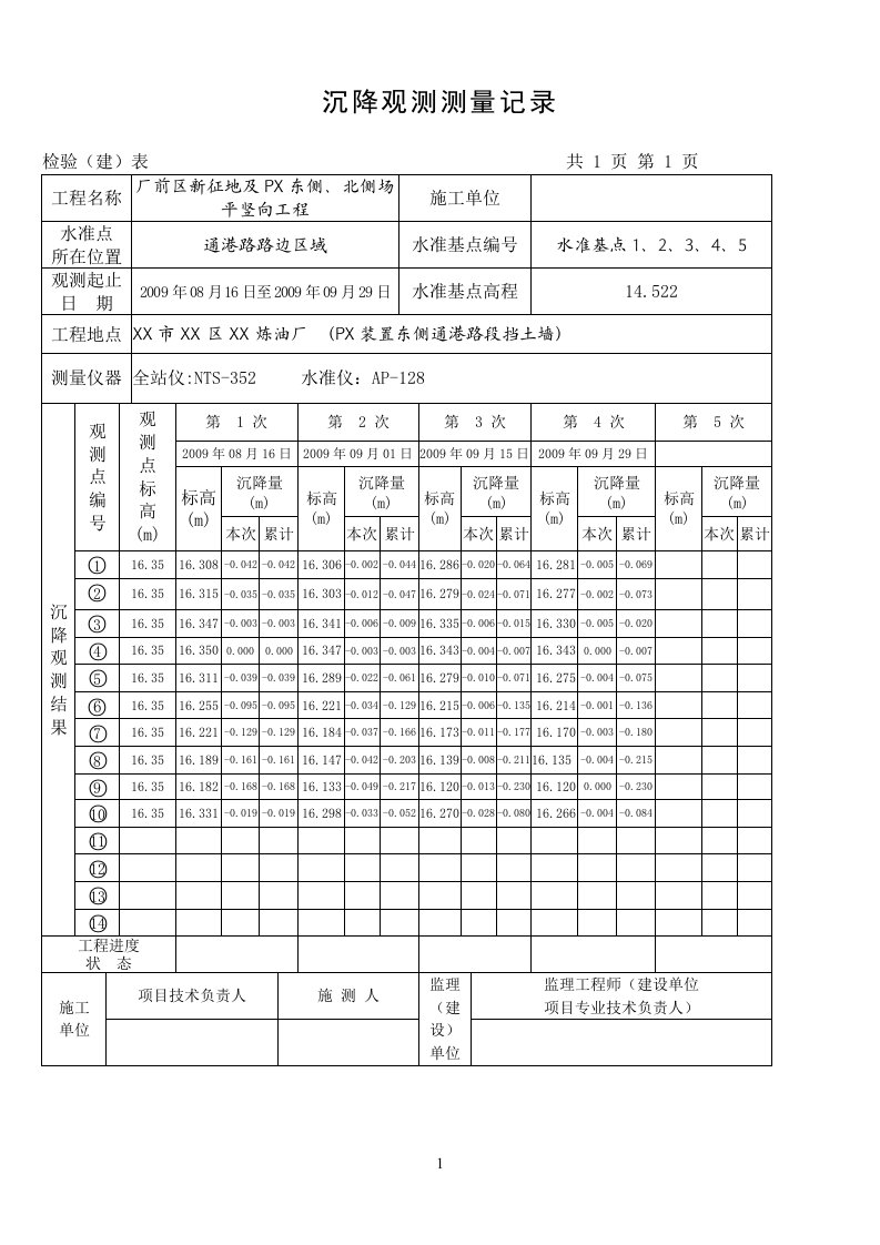 沉降观测测量记录(填写范例)