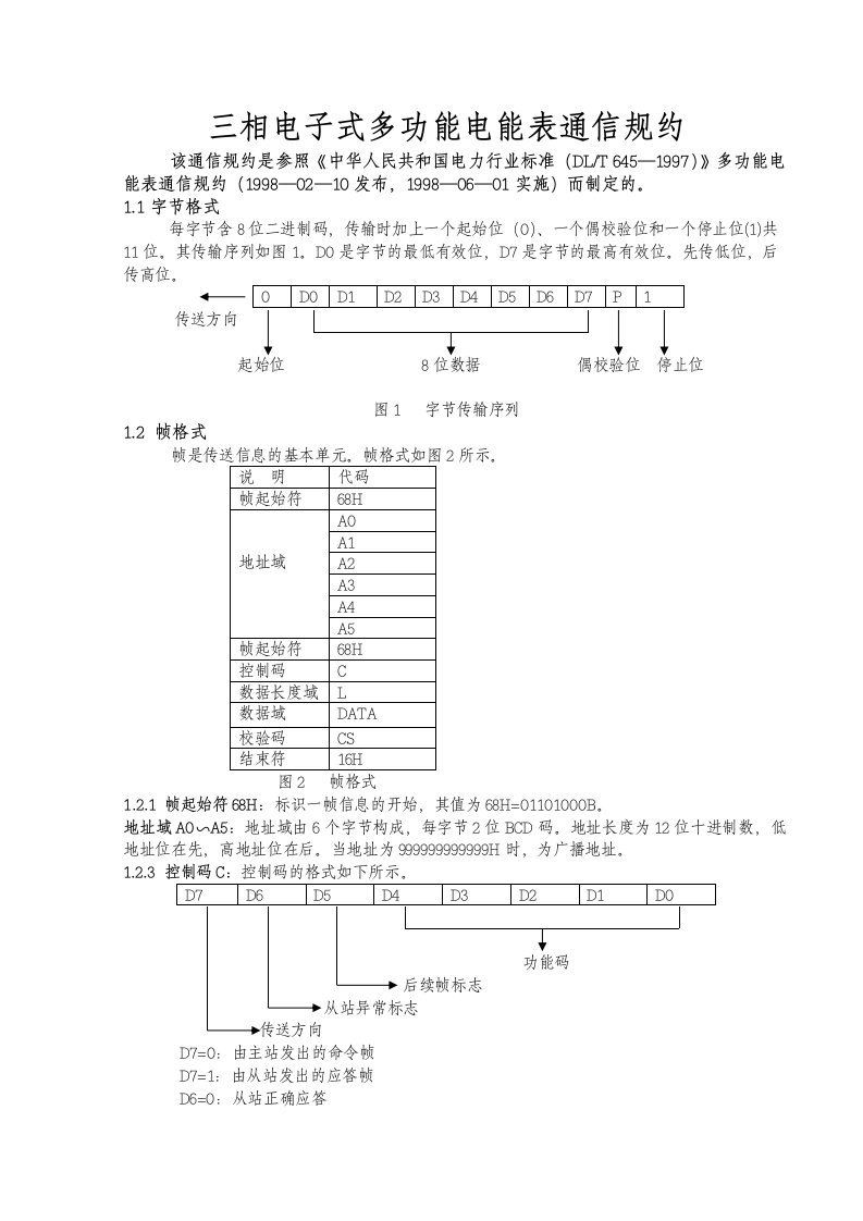 三相电子式多功能电能表通讯规约