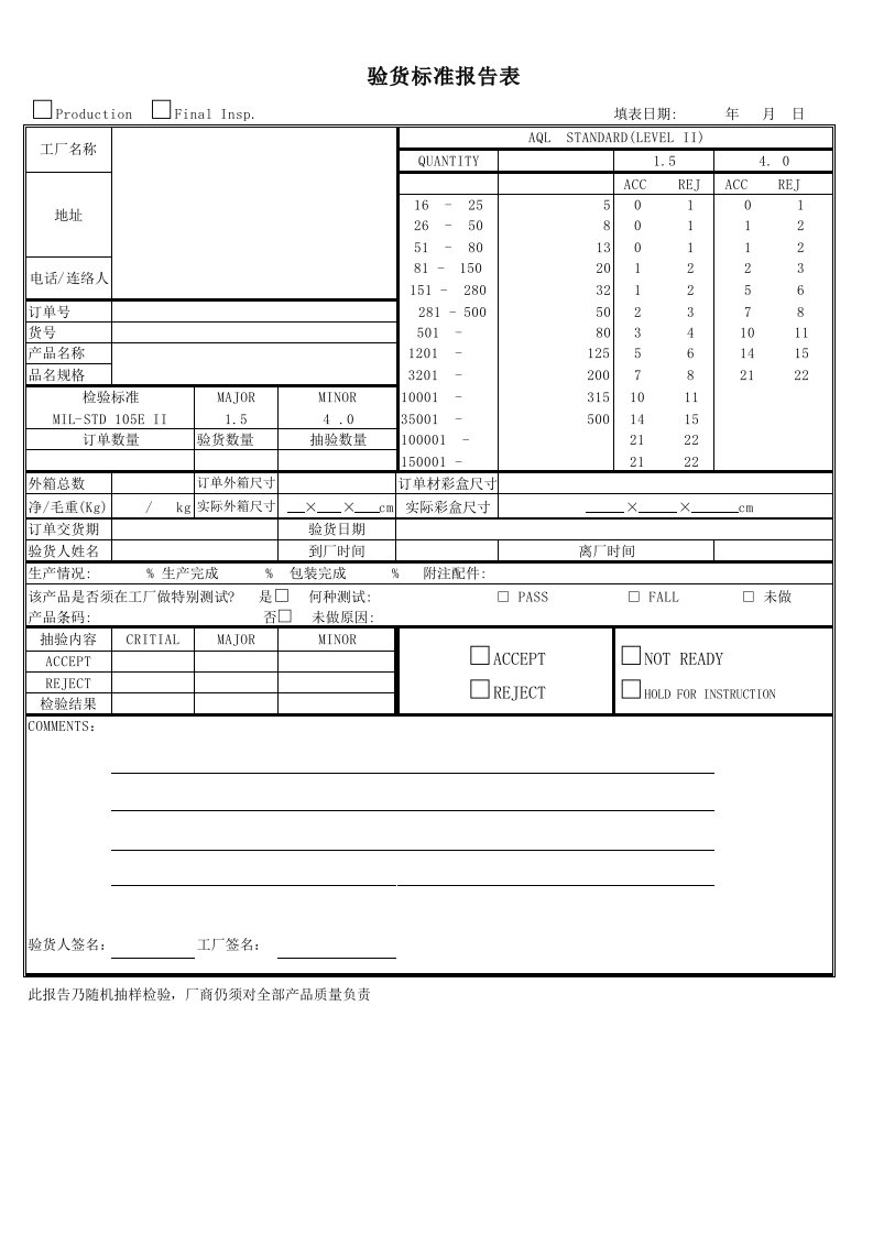 验货标准报告表