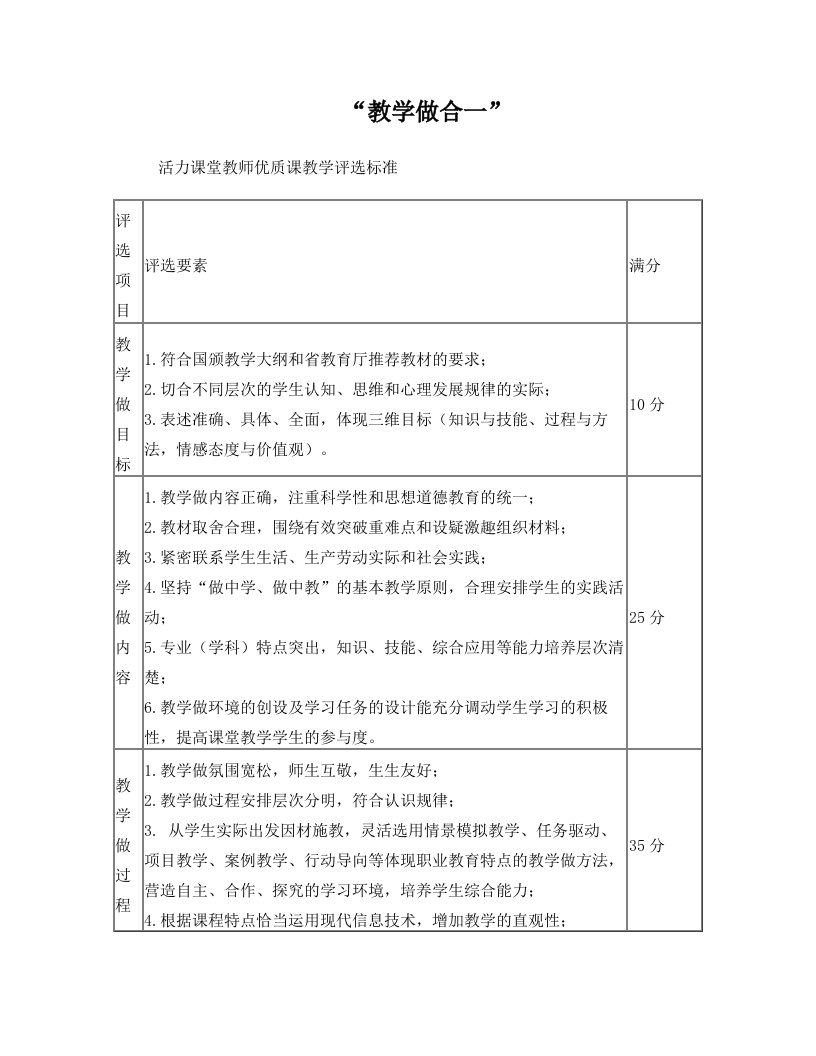 教学做合一活力课堂教师优质课教学评选标准